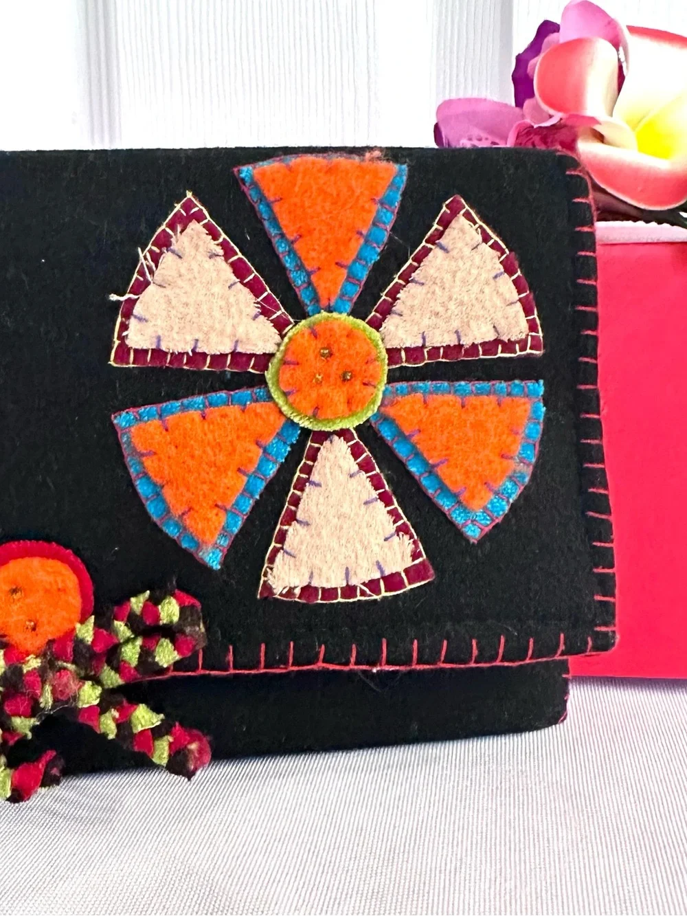 WALLET ~ Handcrafted Black Felt Floral Wallet w/Multicolor Appliqué Accents